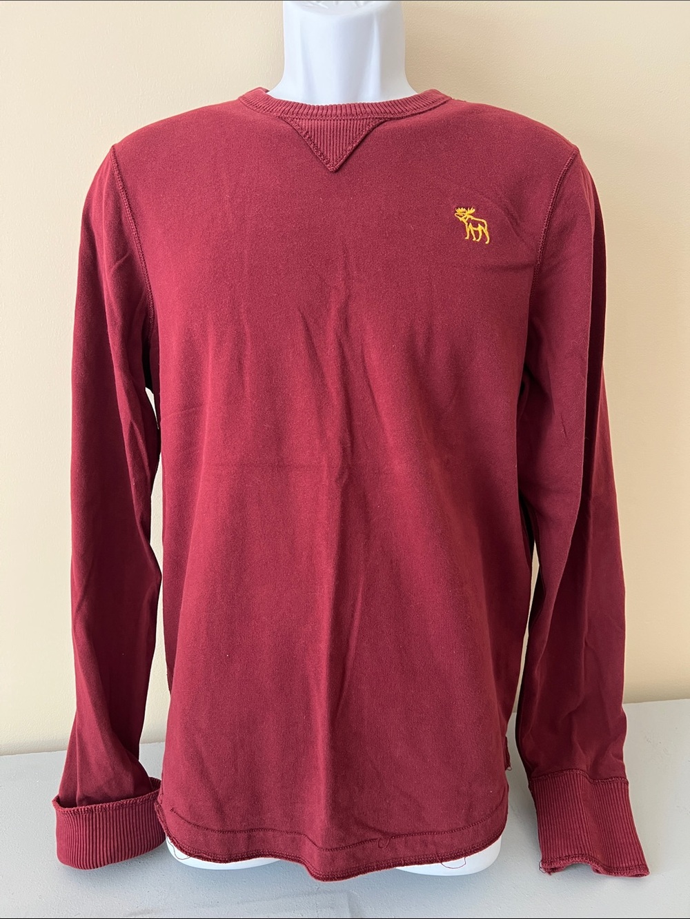 Abercrombie & Fitch Men's Crewneck Long Sleeve Shirt Deep Red with Yellow Logo
